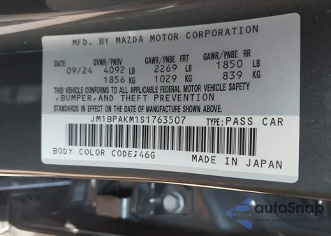 2025 Mazda 3 Select Sport from USA, damaged, VIN JM1BPAKM1S1763507